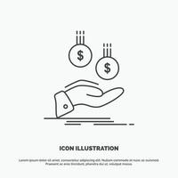 coins. hand. currency. payment. money Icon. Line vector gray symbol for UI and UX. website or mobile application