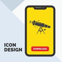 telescopio. astronomía. espacio. vista. icono de glifo de zoom en el móvil para la página de descarga. fondo amarillo vector