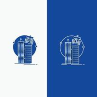 edificio. ciudad inteligente. tecnología. satélite. línea corporativa y botón web de glifo en banner vertical de color azul para ui y ux. sitio web o aplicación móvil vector