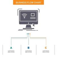 control. computadora. monitor. remoto. diseño de diagrama de flujo empresarial inteligente con 3 pasos. icono de glifo para el lugar de plantilla de fondo de presentación para texto. vector