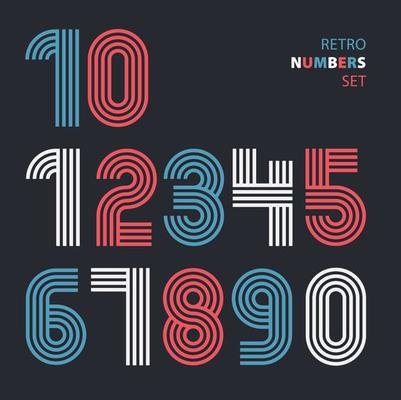 Retro stripes funky numbers set,trendy elegant retro style design.