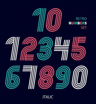 Retro stripes funky numbers set,trendy elegant retro style design.