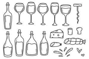 Set of bottles and glasses with wine. Doodle style. Vector illustration. Wine collection in doodle style.