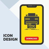 digital. impresora. impresión. hardware. icono de glifo de papel en el móvil para la página de descarga. fondo amarillo vector