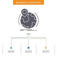 location. globe. worldwide. pin. marker Business Flow Chart Design with 3 Steps. Glyph Icon For Presentation Background Template Place for text. vector