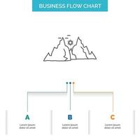 mountain. landscape. hill. nature. sun Business Flow Chart Design with 3 Steps. Line Icon For Presentation Background Template Place for text vector