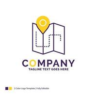 Company Name Logo Design For Map. Camping. plan. track. location. Purple and yellow Brand Name Design with place for Tagline. Creative Logo template for Small and Large Business. vector