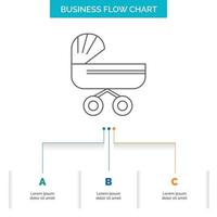 trolebús bebé. niños. empujar. diseño de diagrama de flujo de negocios de cochecito con 3 pasos. icono de línea para el lugar de plantilla de fondo de presentación para texto vector