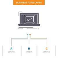 system. monitoring. checklist. Good. OK Business Flow Chart Design with 3 Steps. Glyph Icon For Presentation Background Template Place for text. vector