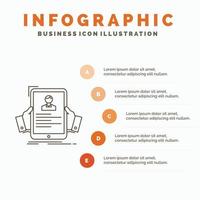 reanudar. empleado. contratación. hora plantilla de infografía de perfil para sitio web y presentación. icono de línea gris con ilustración de vector de estilo infográfico naranja