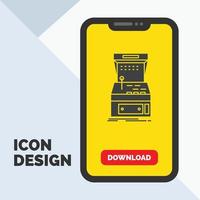 arcada. consola. juego. máquina. reproducir icono de glifo en el móvil para la página de descarga. fondo amarillo vector