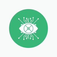 Ar. augmentation. cyber. eye. lens White Glyph Icon in Circle. Vector Button illustration
