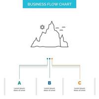 mountain. landscape. hill. nature. sun Business Flow Chart Design with 3 Steps. Line Icon For Presentation Background Template Place for text vector