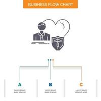 insurance. family. home. protect. heart Business Flow Chart Design with 3 Steps. Glyph Icon For Presentation Background Template Place for text. vector