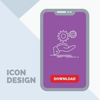 solución. mano. ocurrencia. engranaje. icono de línea de servicios en el móvil para la página de descarga vector