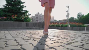 sexy mujer de negocios exitosa en un vestido rosa caminando en el parque de la ciudad. hermosas piernas femeninas con tacones altos caminan por una calle urbana con el telón de fondo de la luz del atardecer. camara lenta. video