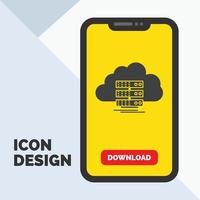 nube. almacenamiento. informática. datos. icono de glifo de flujo en el móvil para la página de descarga. fondo amarillo vector