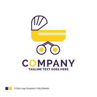 diseño del logotipo del nombre de la empresa para trolly. bebé. niños. empujar. paseante. diseño de marca púrpura y amarillo con lugar para eslogan. plantilla de logotipo creativo para pequeñas y grandes empresas. vector