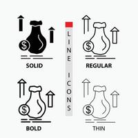 money. bag. dollar. growth. stock Icon in Thin. Regular. Bold Line and Glyph Style. Vector illustration