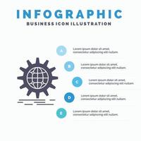 internacional. negocio. globo. en todo el mundo. plantilla de infografía de engranajes para sitio web y presentación. icono de glifo gris con ilustración de vector de estilo infográfico azul.