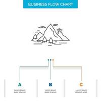 naturaleza. Cerro. paisaje. montaña. diseño de diagrama de flujo de negocios de escena con 3 pasos. icono de línea para el lugar de plantilla de fondo de presentación para texto vector