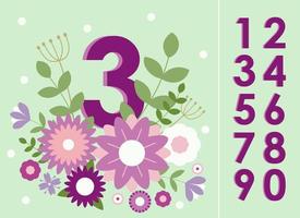 Birthday card with pretty flowers and numbers. Vector design