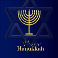 Happy Hanukkah card design with gold symbols on blue color background for Hanukkah Jewish holiday vector