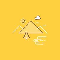 Mountains. Nature. Outdoor. Clouds. Sun Flat Line Filled Icon. Beautiful Logo button over yellow background for UI and UX. website or mobile application vector