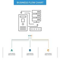 combinación. datos. base de datos. electrónico. diseño de diagrama de flujo de negocios de información con 3 pasos. icono de línea para el lugar de plantilla de fondo de presentación para texto vector