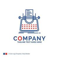 Company Name Logo Design For Article. blog. story. typewriter. writer. Blue and red Brand Name Design with place for Tagline. Abstract Creative Logo template for Small and Large Business. vector