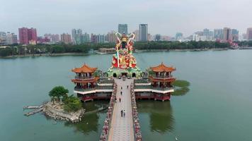 Aerial view 4k footage by drone of bridge of Zuoying Yuandi Temple at Lotus Pond in Kaohsiung, Taiwan. video