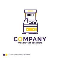 Company Name Logo Design For Arcade. console. game. machine. play. Purple and yellow Brand Name Design with place for Tagline. Creative Logo template for Small and Large Business. vector