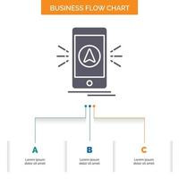 navegación. aplicación cámping. GPS. diseño de diagrama de flujo de negocios de ubicación con 3 pasos. icono de glifo para el lugar de plantilla de fondo de presentación para texto. vector