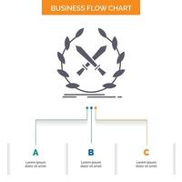 battle. emblem. game. label. swords Business Flow Chart Design with 3 Steps. Glyph Icon For Presentation Background Template Place for text. vector