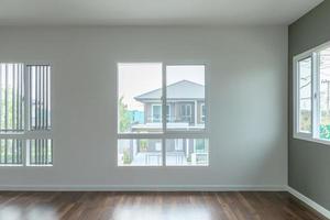 Empty room with glass window frame house interior on concrete wall photo