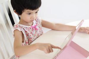 Little asian girl playing digital tablet at home photo