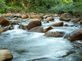 A long-exposure shot of a small creek flowing through a brown rock. And there are green trees as a backdrop. It is a specific focus. photo