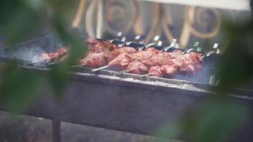 der Prozess des Garens von Fleisch auf dem Grill. Spieße mit Kebab und Rauch. Picknick. Zeitlupe video
