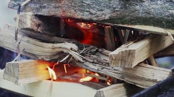 queima de lenha para churrasco. incêndio. carvão para cozinhar. grade. câmera lenta video