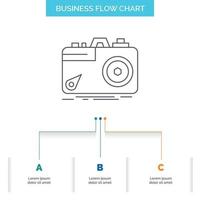 cámara. fotografía. captura. foto. diseño de diagrama de flujo comercial de apertura con 3 pasos. icono de línea para el lugar de plantilla de fondo de presentación para texto vector