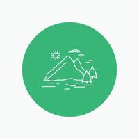 naturaleza. Cerro. paisaje. montaña. icono de línea blanca de sol en el fondo del círculo. ilustración de icono de vector