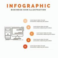 computadora. escritorio. hardware. puesto de trabajo. plantilla de infografía del sistema para sitio web y presentación. icono de línea gris con ilustración de vector de estilo infográfico naranja