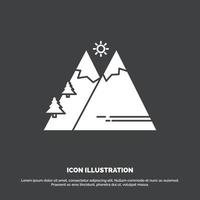 Mountains. Nature. Outdoor. Sun. Hiking Icon. glyph vector symbol for UI and UX. website or mobile application