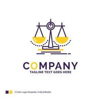 Company Name Logo Design For Balance. decision. justice. law. scale. Purple and yellow Brand Name Design with place for Tagline. Creative Logo template for Small and Large Business. vector