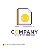 Company Name Logo Design For Code. coding. file. programming. script. Purple and yellow Brand Name Design with place for Tagline. Creative Logo template for Small and Large Business. vector