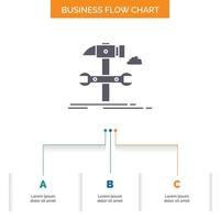 Build. engineering. hammer. repair. service Business Flow Chart Design with 3 Steps. Glyph Icon For Presentation Background Template Place for text. vector