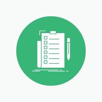 expertise. checklist. check. list. document White Glyph Icon in Circle. Vector Button illustration