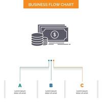 Finance. investment. payment. Money. dollar Business Flow Chart Design with 3 Steps. Glyph Icon For Presentation Background Template Place for text. vector