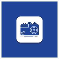 Blue Round Button for Camera. photography. capture. photo. aperture Glyph icon vector