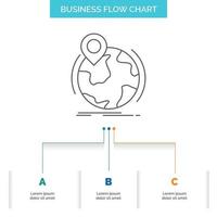 ubicación. globo. en todo el mundo. alfiler. diseño de diagrama de flujo de negocio de marcador con 3 pasos. icono de línea para el lugar de plantilla de fondo de presentación para texto vector